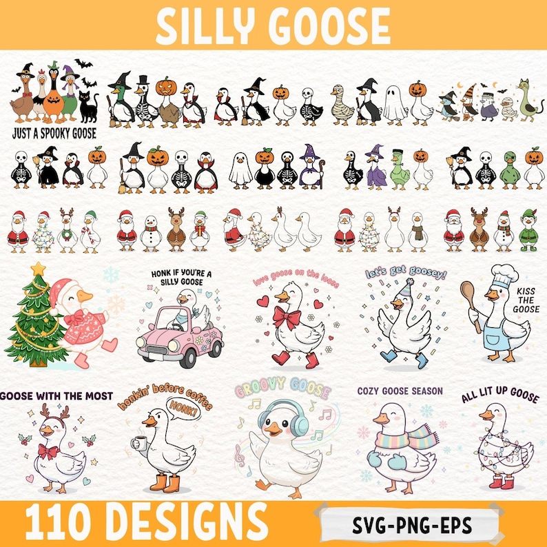 May include: A selection of 110 goose designs available in SVG, PNG, and EPS formats. The illustrations depict geese in diverse costumes and themes, such as Halloween, Christmas, and everyday scenarios. Text includes "Silly Goose", "Just a Spooky Goose", and "Honk if you're a Silly Goose".