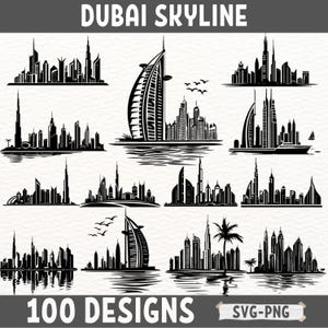 Dubai Skyline SVG Bundle, 100 moderne Dubai Stadtbild Clipart, Burj Khalifa SVG PNG, Instant Download, Dubai Wahrzeichen Silhouette Designs