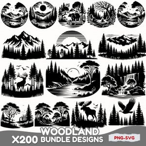 Woodland Bundle Designs SVG PNG | 200 fichiers silhouette de la faune de la forêt | Chevreuils, ours, montagnes et cliparts d'arbres | Fichiers Nature Cut pour Cricut