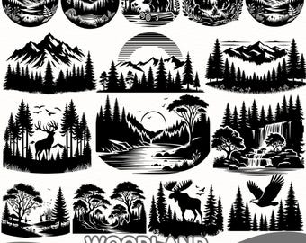 Woodland Bundle SVG PNG Designs | 200 Forest Wildlife Silhouette Files | Deer, Bear, Mountains & Trees Clipart | Nature Cut Files for Cricut