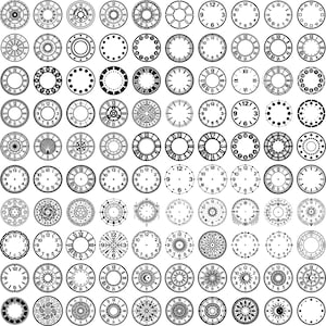 May include: A collection of various clock faces in black and white. The designs include Roman numerals, Arabic numerals, and decorative patterns. Some clock faces are blank, while others have hands indicating different times.
