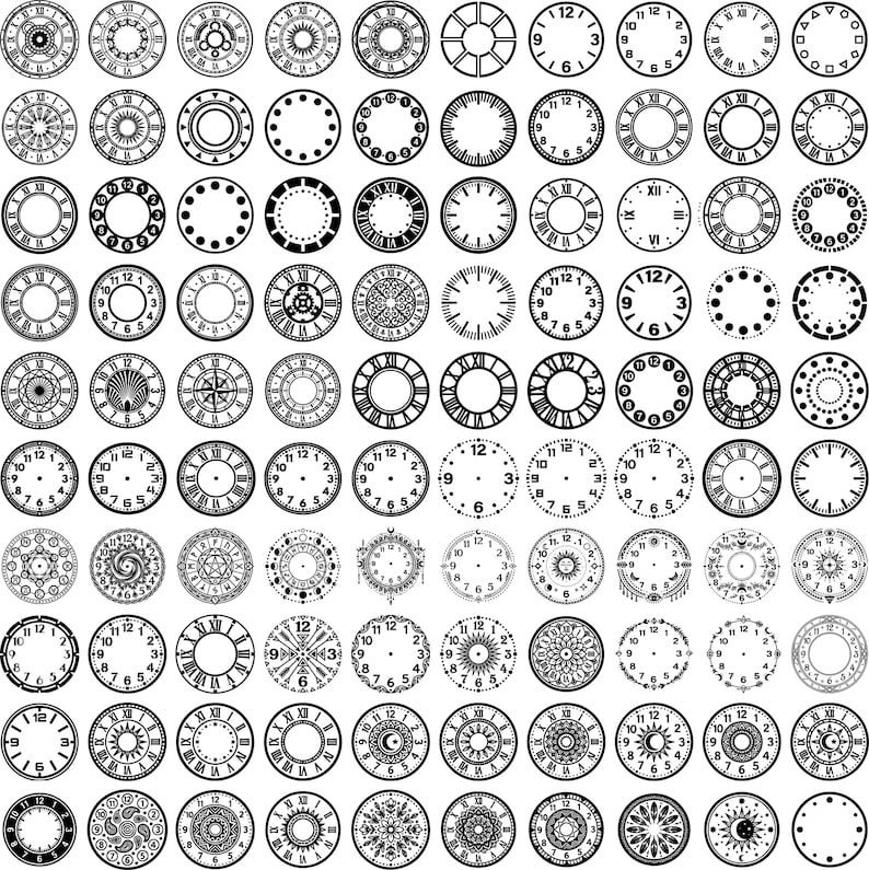 May include: A collection of various clock faces in black and white. The designs include Roman numerals, Arabic numerals, and decorative patterns. Some clock faces are blank, while others have hands indicating different times.
