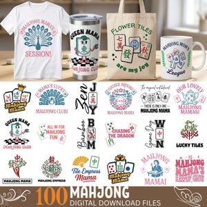 May include: A collection of Mahjong-themed products, including a white t-shirt, a tumbler, a tote bag, and a mug. The designs feature various Mahjong-related graphics and text, such as "Mahjong Mama" and "Flower Tiles are my joy". Also includes digital download files.