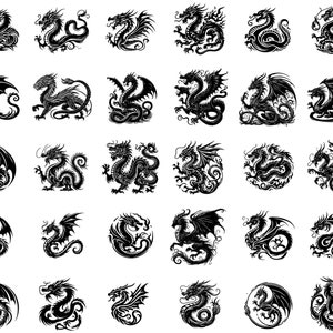 May include: A collection of 36 black and white dragon illustrations. The dragons are depicted in various poses, including flying, standing, and curled up. The illustrations are detailed and intricate, with a variety of scales, wings, and claws.