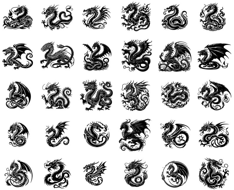 May include: A collection of 36 black and white dragon illustrations. The dragons are depicted in various poses, including flying, standing, and curled up. The illustrations are detailed and intricate, with a variety of scales, wings, and claws.