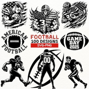 Paquete SVG de fútbol americano, 100 diseños, imágenes prediseñadas de jugadores de fútbol, archivos PNG de día de juego, archivos de corte de silueta de fútbol, gráficos deportivos