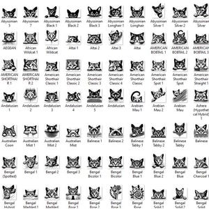 May include: Black and white illustrations of different cat breeds, including Abyssinian, Aegean, American Ringtail, American Shorthair, American Wirehair, Andalusian, Australian Mist, Balinese, Bengal, Bicolor, Birman, and more.