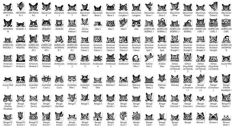 May include: Black and white illustrations of different cat breeds, including Abyssinian, Aegean, American Ringtail, American Shorthair, American Wirehair, Andalusian, Australian Mist, Balinese, Bengal, Bicolor, Birman, and more.