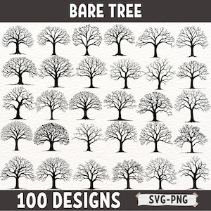 May include: A collection of 36 black and white silhouette images of bare trees. The images are arranged in a grid pattern and are all the same size. The text "BARE TREE" is at the top of the image and the text "100 DESIGNS" is at the bottom of the image. The text "SVG-PNG" is in a small rectangle at the bottom right corner of the image.