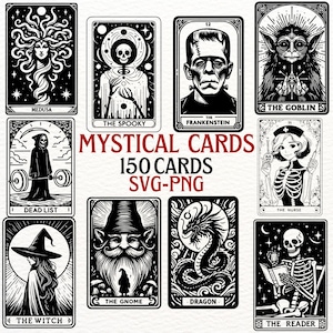 Juego de 150 diseños de cartas de tarot místicas / Cartas góticas SVG PNG / Arte de duende y bruja Medusa / Descarga digital para proyectos ocultistas de Halloween