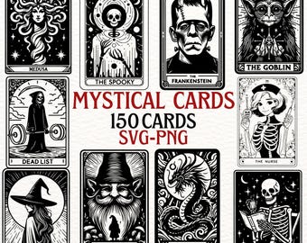 Mystical Tarot Cards Set 150 Designs | SVG PNG Gothic Cards | Medusa Witch Goblin Art | Digital Download for Halloween Occult Projects