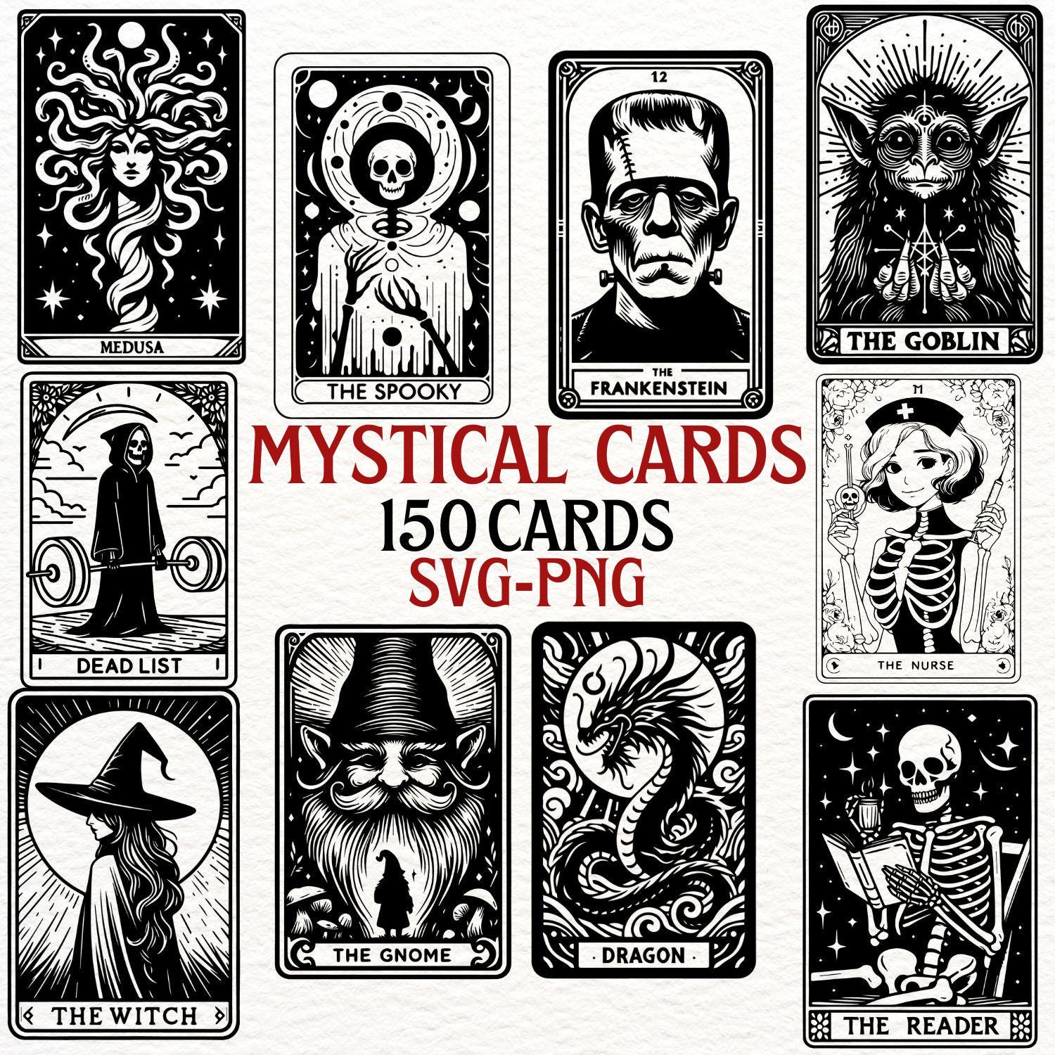Mystical Tarot Cards Set 150 Designs | SVG PNG Gothic Cards | Medusa Witch Goblin Art | Digital Download for Halloween Occult Projects