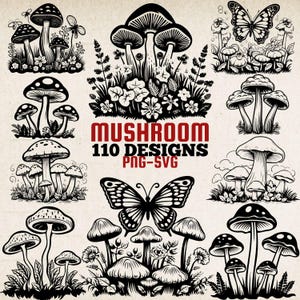 Champignon rangée PNG SVG, 110 modèles, clipart botanique, tampons numériques nature, illustrations de la forêt, art papillon et champignons
