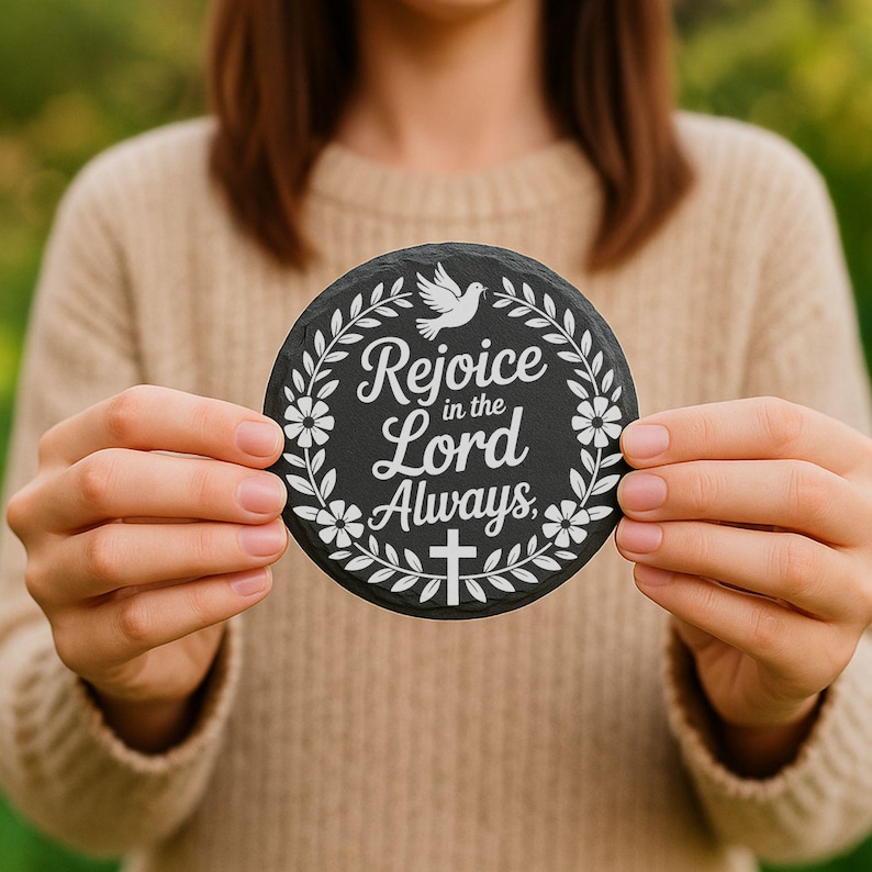 Puede incluir: Un posavasos redondo y negro con texto blanco que dice "Rejoice in the Lord Always". El posavasos presenta una paloma blanca, detalles florales y una cruz. El posavasos est&aacute; sostenido por una persona.