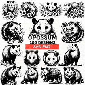 Lot Opossum SVG | Clipart Opossum mignon et effrayant | Motifs floraux Possum | Fichiers numériques PNG | Vecteurs d'animaux sauvages