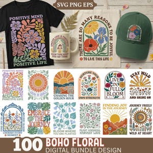 Può includere: Una collezione di design digitali floreali boho. L'immagine mostra una maglietta nera, una tazza bianca, una borsa di tela e un berretto verde, ognuno con grafica floreale e testo ispiratore. Include 100 design digitali.