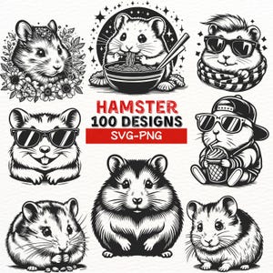 Puede incluir: Una colección de ilustraciones en blanco y negro con hámsters en varias poses. Algunos hámsters llevan gafas de sol, sombreros y bufandas. Un hámster está comiendo fideos de un tazón. El texto "HAMSTER 100 DESIGNS SVG-PNG" se muestra en rojo.