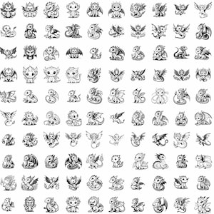 May include: A collection of 100 black and white illustrations of cute cartoon dragons in various poses. The dragons are drawn in a simple, whimsical style and feature different wing shapes, horns, and tails.