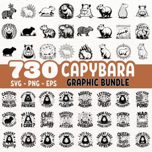 May include: A graphic bundle featuring 730 capybara designs in SVG, PNG, and EPS formats. The collection includes various illustrations of capybaras, along with humorous text designs such as "Caution: May Bite Your Ego" and "Rodent Royalty."