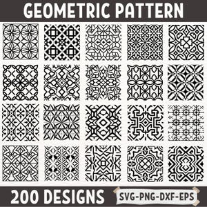 幾何学模様 SVG PNG DXF EPS デザイン | シームレスなタイル テンプレート | 抽象的なレーザー カット アート | デジタル マンダラ パターン バンドル | ベクター装飾