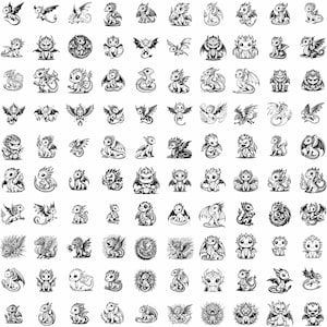 May include: A collection of 100 black and white illustrations of cute cartoon dragons in various poses. The dragons are drawn in a simple, whimsical style and feature different expressions, wings, and tails.