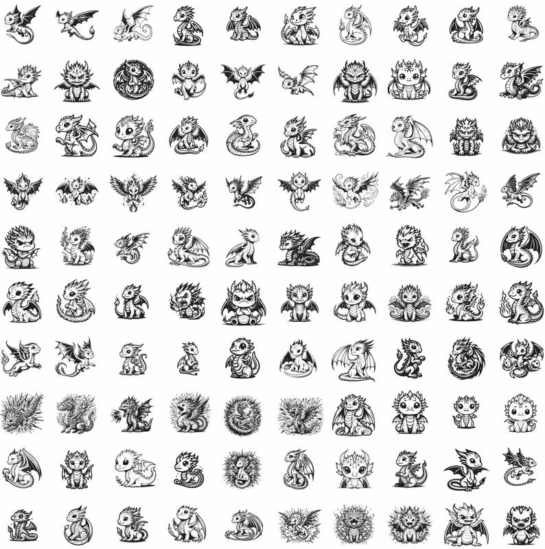 May include: A collection of 100 black and white illustrations of cute cartoon dragons in various poses. The dragons are drawn in a simple, whimsical style and feature different expressions, wings, and tails.