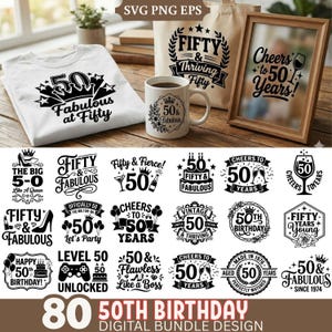 May include: A selection of designs for a 50th birthday. The image shows a white t-shirt, a mug, a tote bag, and a framed print, all with celebratory graphics. Text includes "Fifty & Fabulous" and "Cheers to 50 Years!"