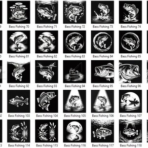 May include: A collection of black and white bass fishing illustrations. Each image features a bass fish in various poses, with text that reads "Bass Fishing" followed by a number. The images are suitable for fishing-themed products.