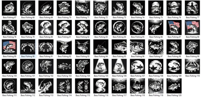 May include: A collection of black and white bass fishing illustrations. Each image features a bass fish in various poses, with text that reads "Bass Fishing" followed by a number. The images are suitable for fishing-themed products.