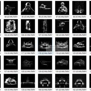 May include: A collection of black and white illustrations depicting various military scenes, including soldiers, tanks, helicopters, and drones. Each image is labeled with a number and "US MILITARY".