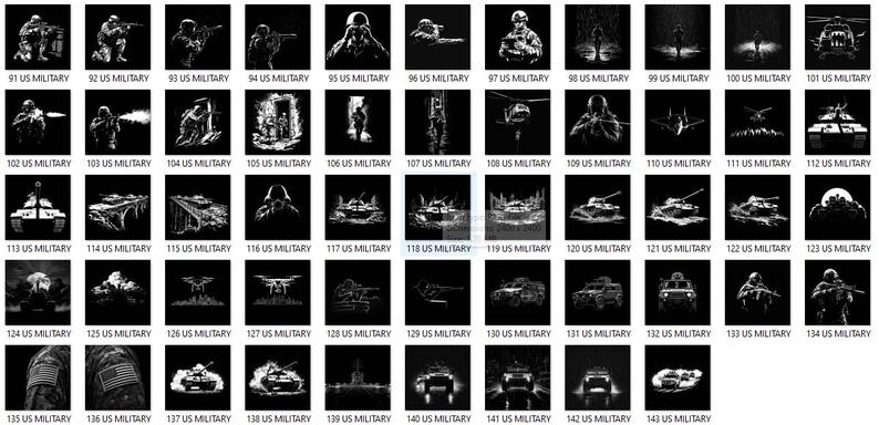 May include: A collection of black and white illustrations depicting various military scenes, including soldiers, tanks, helicopters, and drones. Each image is labeled with a number and "US MILITARY".