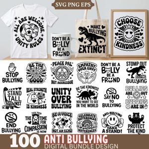 Op de afbeelding: Een verzameling anti-pestontwerpen, waaronder een wit t-shirt, een mok en een draagtas, elk met unieke graphics en tekst. De ontwerpen bevatten zinnen als "Unity Rules", "Make Bullying Extinct" en "Choose Kindness".