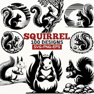 Bundle SVG écureuil, 100 modèles de silhouette écureuil, forêt des cliparts animaux, des fichiers vectoriels de la faune, Cricut et fichiers découpés au Laser, ensemble PNG EPS