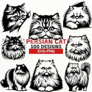 Lot de motifs SVG chat persan | Mignon Chat Persan Clipart vectoriel | PNG pour Cricut, Silhouette | Clipart chat pour t-shirts, tasses, cartes
