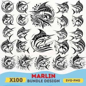 May include: A set of 20 black and white vector illustrations of marlin fish in various poses. The illustrations are perfect for use in designs, crafts, and other creative projects. The set includes a variety of marlin designs, including marlin jumping out of the water, marlin swimming, and marlin with fishing lures. The set also includes a variety of marlin sizes, from small to large. The illustrations are all high-quality and detailed.