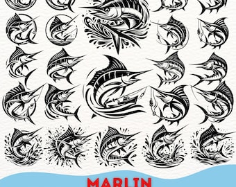 May include: A set of 20 black and white vector illustrations of marlin fish in various poses. The illustrations are perfect for use in designs, crafts, and other creative projects. The set includes a variety of marlin designs, including marlin jumping out of the water, marlin swimming, and marlin with fishing lures. The set also includes a variety of marlin sizes, from small to large. The illustrations are all high-quality and detailed.