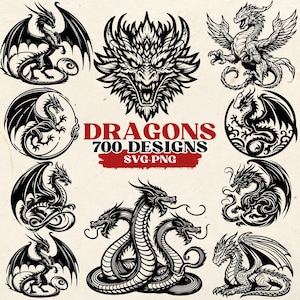 Op de afbeelding: Een verzameling zwart-witte drakenillustraties. De illustraties tonen verschillende drakenhoudingen, waaronder een draak met meerdere koppen, een draak met vleugels en een draak met een kroon. De tekst "DRAGONS 700 DESIGNS SVG-PNG" wordt in het midden van de afbeelding weergegeven.