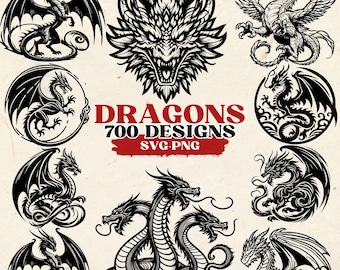Paquete de archivos SVG de dragones, 700 diseños de imágenes prediseñadas de dragones, PNG de dragones de fantasía, silueta de dragón para tatuajes, vector de criatura mítica, archivos de corte para Cricut