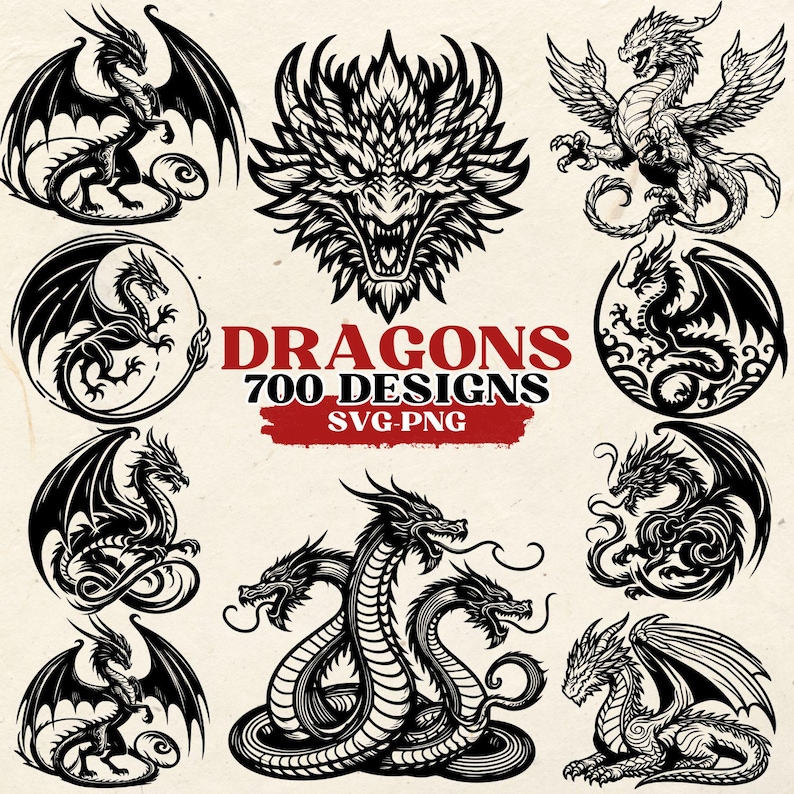 May include: A collection of black and white dragon illustrations. The illustrations feature different dragon poses, including a dragon with multiple heads, a dragon with wings, and a dragon with a crown. The text "DRAGONS 700 DESIGNS SVG-PNG" is displayed in the center of the image.