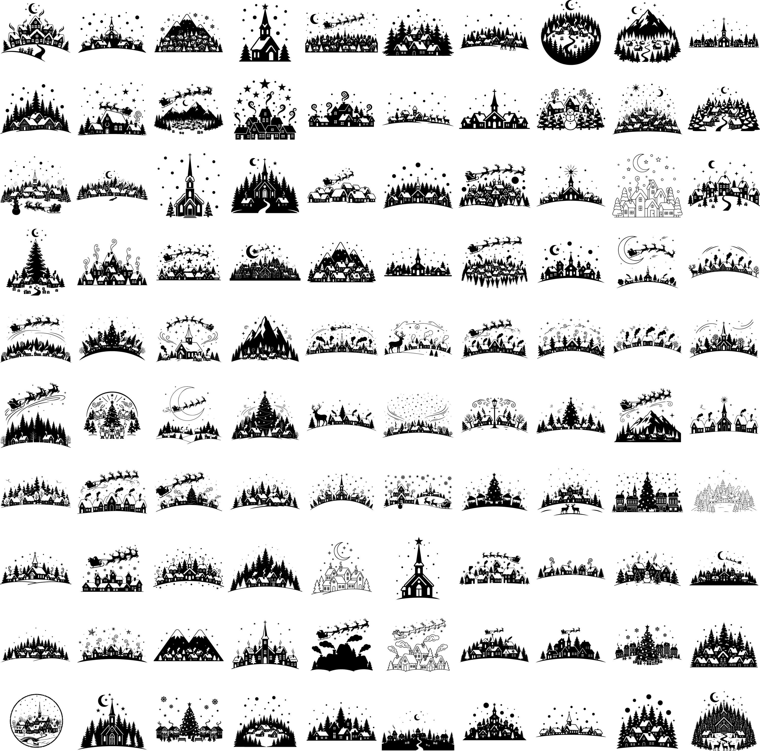 Paquete SVG de pueblo navideño (200 diseños), siluetas de pueblos invernales,  imágenes prediseñadas de escenas de trineos de Papá Noel, casas navideñas  PNG EPS Cricut - Etsy México, image size:3000x2961