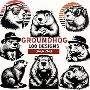 May include: A set of 100 black and white vector illustrations of groundhogs in various poses. The illustrations include groundhogs wearing hats, sunglasses, and in different poses. The text "Groundhog 100 Designs SVG-PNG" is included in the image.