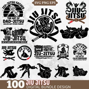 Könnte beinhalten: Eine Sammlung von 100 Jiu-Jitsu-Digitaldesigns in Schwarz und Weiß. Die Designs umfassen Illustrationen von Grappling, den Text "Jiu-Jitsu" und den Text "The Art of Dad-Jitsu".