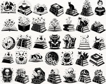 Book Lover SVG Bundle | 100 Bookish Designs with Cats, Skeletons, Aliens, Fantasy & Floral Elements | PNG EPS Files for Cricut Crafts