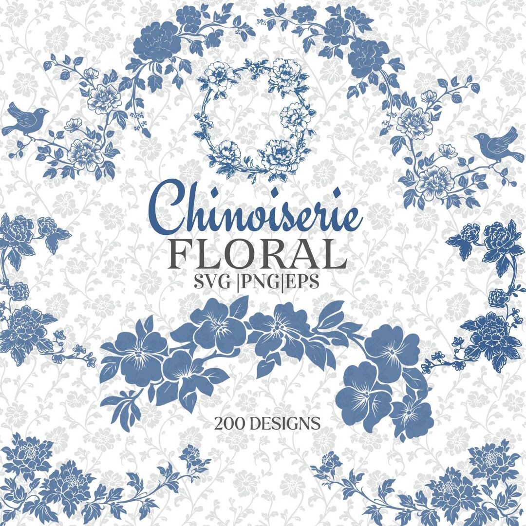 Chinoiserie Floral Clipart Bundle, Blue and White Vintage Flower ...