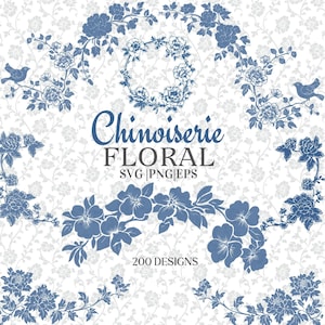 Chinoiserie Floral Clipart Bundle, Blue and White Vintage Flower Illustrations, SVG PNG EPS Design Elements, Botanical Digital Download