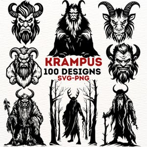 May include: A set of 100 black and white vector illustrations of Krampus, a mythical creature from Germanic folklore. The illustrations feature Krampus in various poses, including standing, sitting, and holding a stick. The text "Krampus 100 Designs SVG-PNG" is also included in the image.