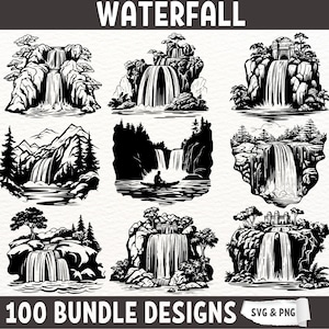 Lot chute d'eau SVG - 100 superbes conceptions de paysages de cascade - scène de la nature, rivière et chutes de montagne pour Cricut, découpe laser, fichiers PNG SVG