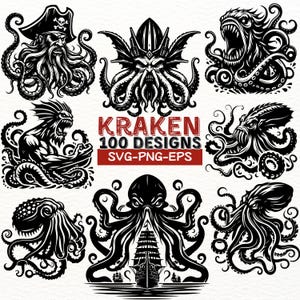 Pacchetto SVG Kraken Octopus, 100 disegni di mostri marini, Clipart di polpo pirata, PNG di bestia tentacolare, EPS di Cthulhu, Pacchetto vettoriale di tatuaggi nautici
