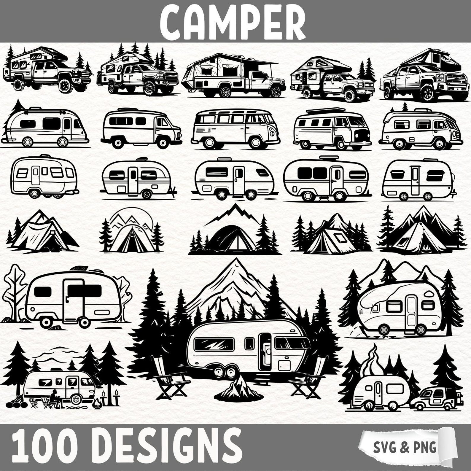 Camper SVG Bundle, Camping Clipart, Camper Van Digital Designs, Retro ...