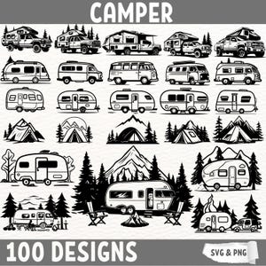 Camper SVG-bundel, camping clipart, camper digitale ontwerpen, retro camper png, camper vectorbestanden, camping avontuur gesneden bestanden
